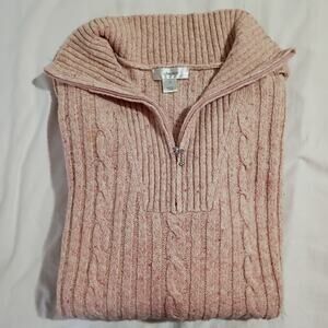 CJ Banks 1X Cable-Knit Petal-Pink Ribbed Cotton-Bend Zip-Collar Tunic Sweater